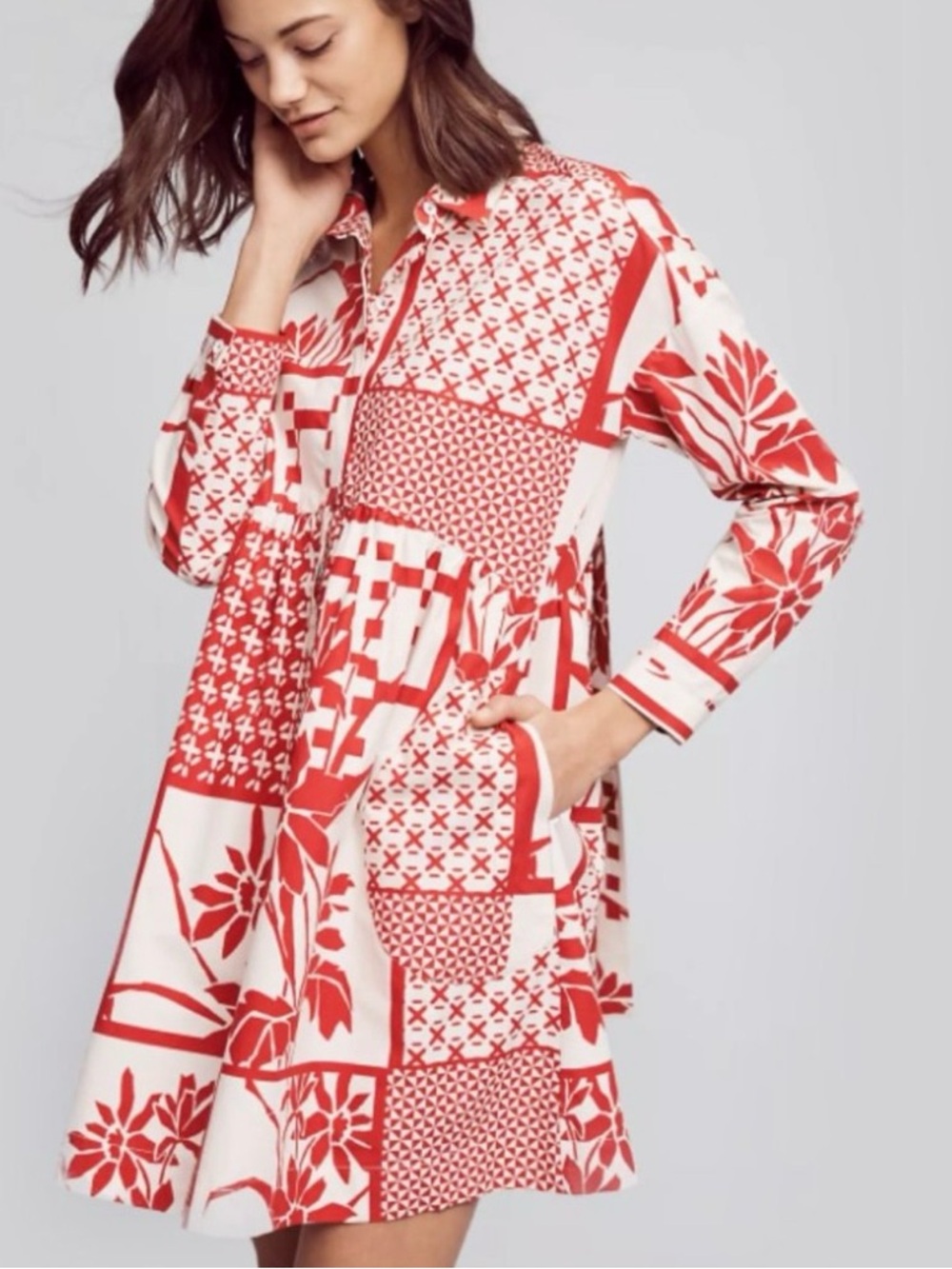 Anthropologie Maeve Red and White Patchwork Midi Dress 100% Cotton